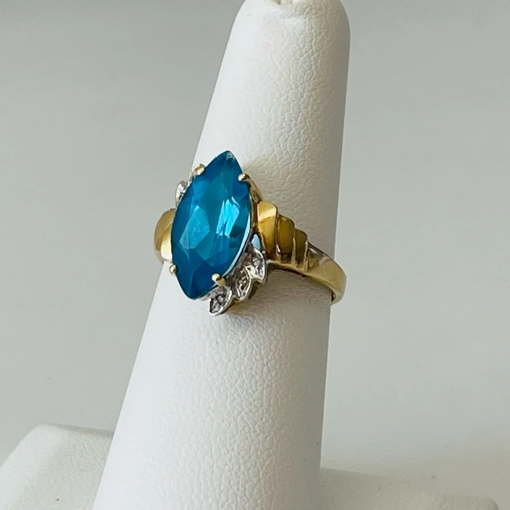 14K Yellow Gold Marquise Blue Topaz Diamond Anniversary Cocktail Statement Sz 7